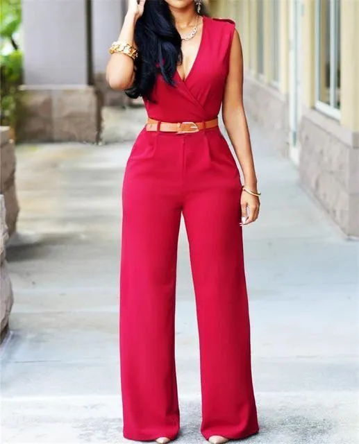 Purpdrank - New Women Jumpsuit Lady Sleeveless Romper Bodysuit Bodycon High-waist V-neck Wide-leg Pants Irregular Suit With Belt Playsuit