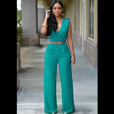 Purpdrank - New Women Jumpsuit Lady Sleeveless Romper Bodysuit Bodycon High-waist V-neck Wide-leg Pants Irregular Suit With Belt Playsuit