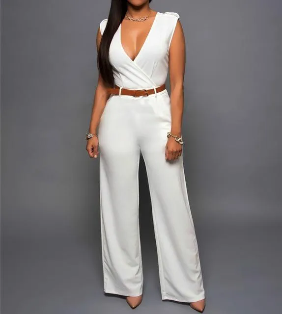 Purpdrank - New Women Jumpsuit Lady Sleeveless Romper Bodysuit Bodycon High-waist V-neck Wide-leg Pants Irregular Suit With Belt Playsuit