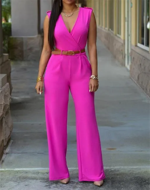 Purpdrank - New Women Jumpsuit Lady Sleeveless Romper Bodysuit Bodycon High-waist V-neck Wide-leg Pants Irregular Suit With Belt Playsuit