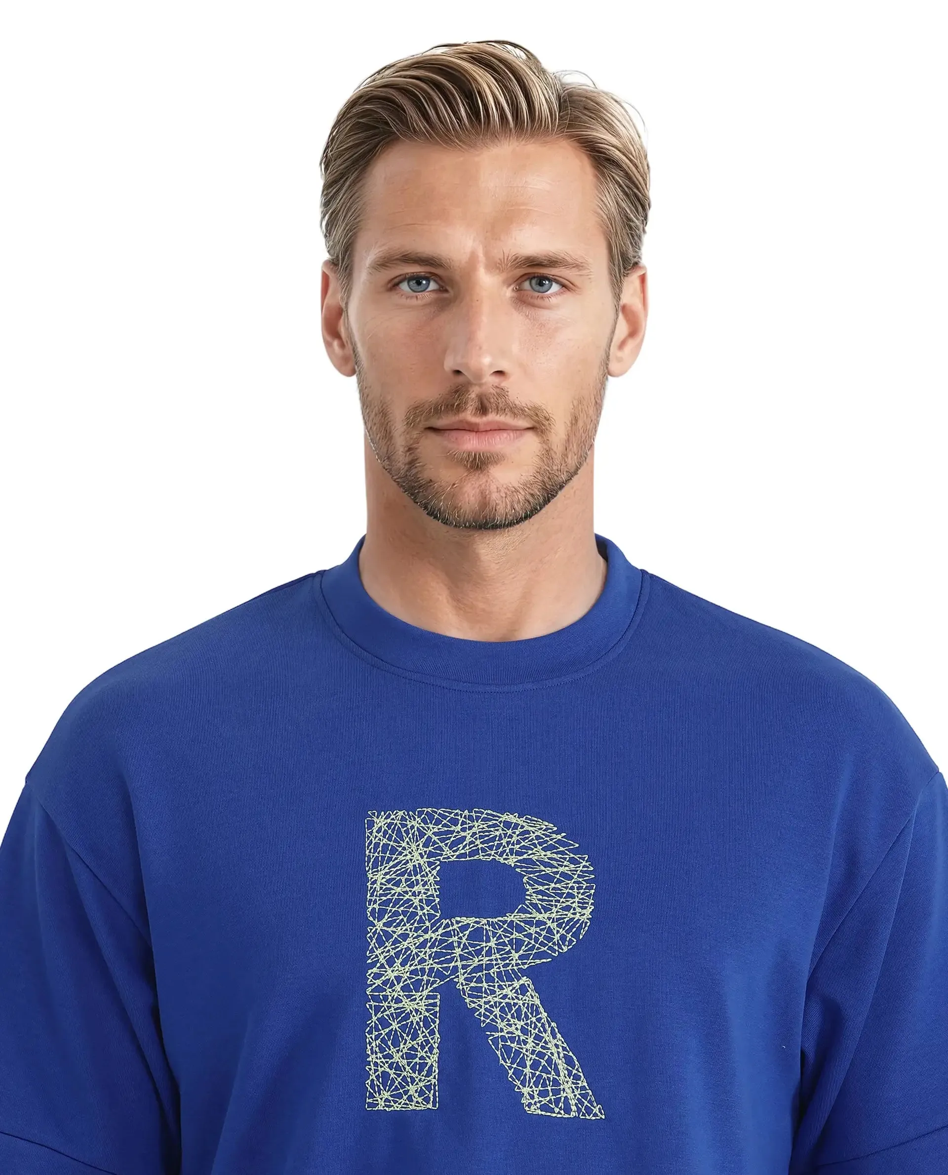 Rare Rabbit Men Vexi Blue Cotton Poly Fabric Short Sleeve Crew Neck Embroidered Logo T-Shirt