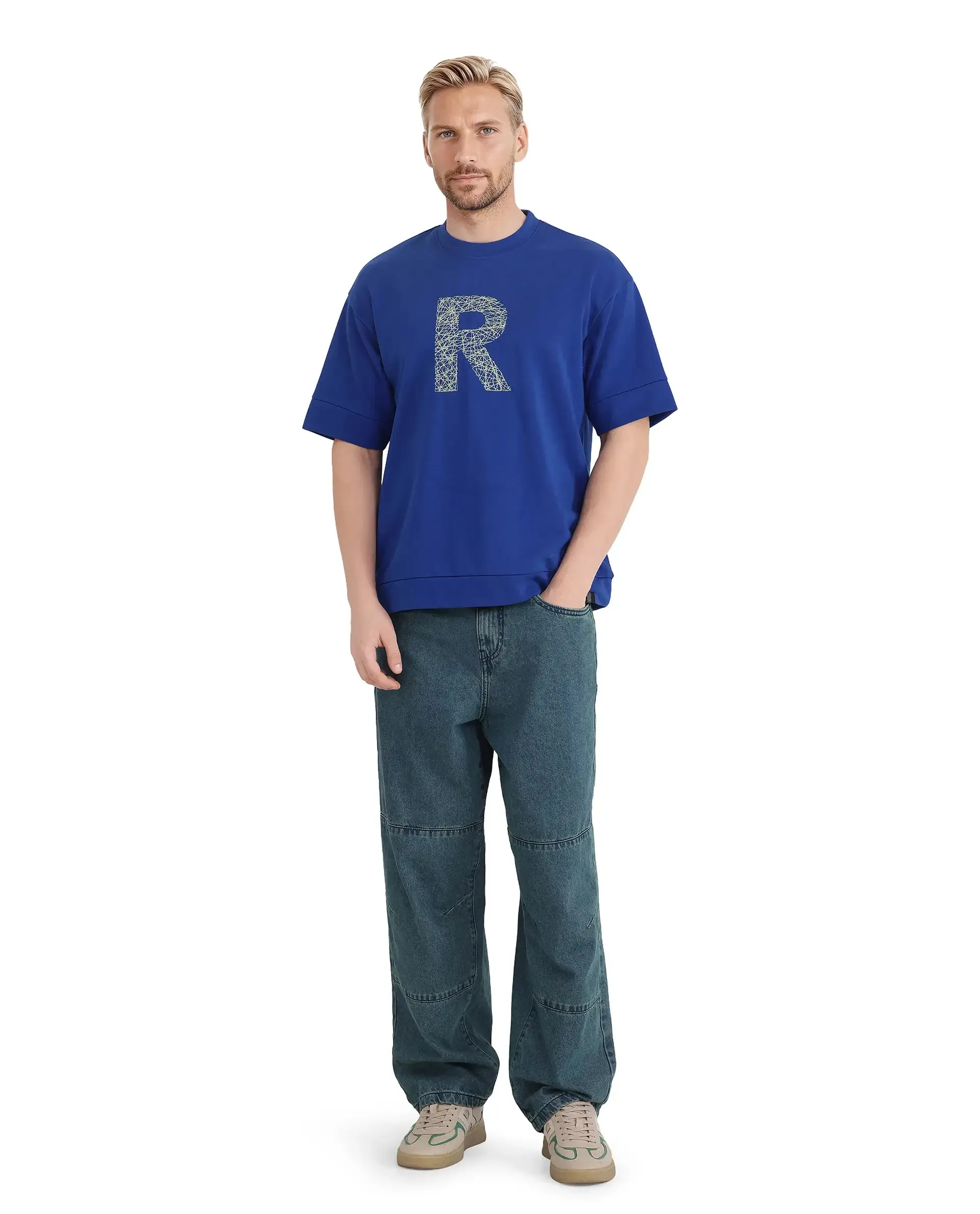 Rare Rabbit Men Vexi Blue Cotton Poly Fabric Short Sleeve Crew Neck Embroidered Logo T-Shirt