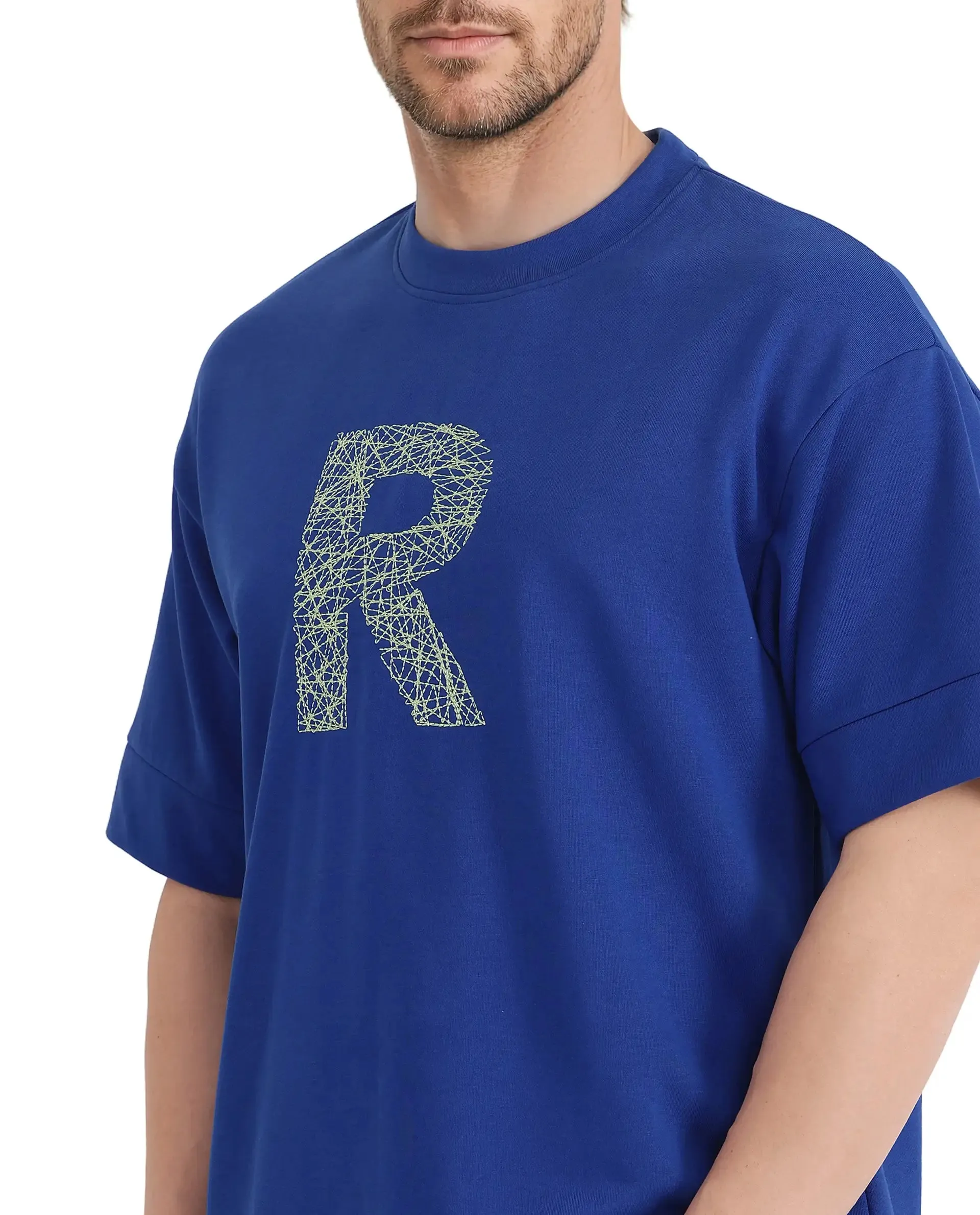 Rare Rabbit Men Vexi Blue Cotton Poly Fabric Short Sleeve Crew Neck Embroidered Logo T-Shirt