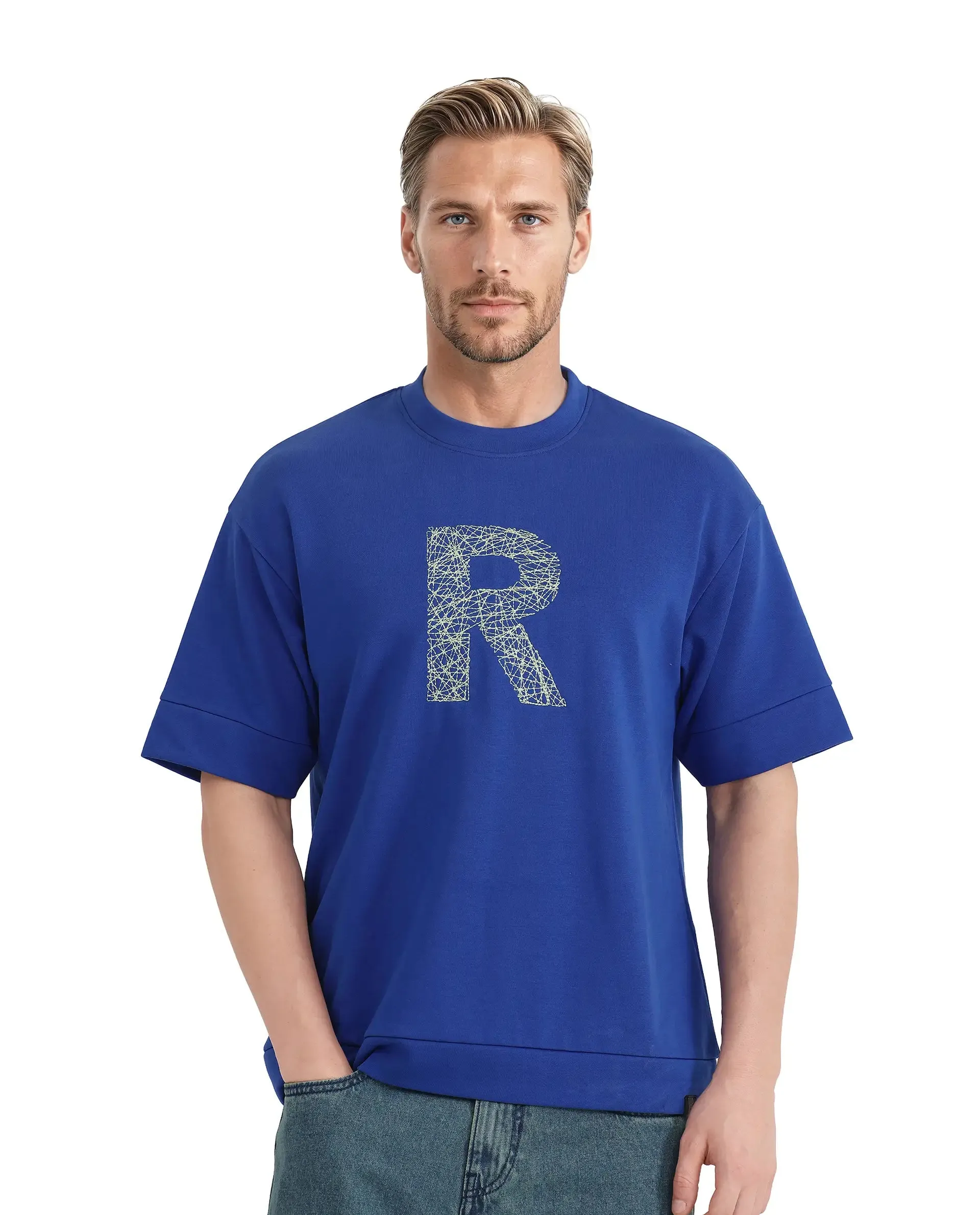 Rare Rabbit Men Vexi Blue Cotton Poly Fabric Short Sleeve Crew Neck Embroidered Logo T-Shirt