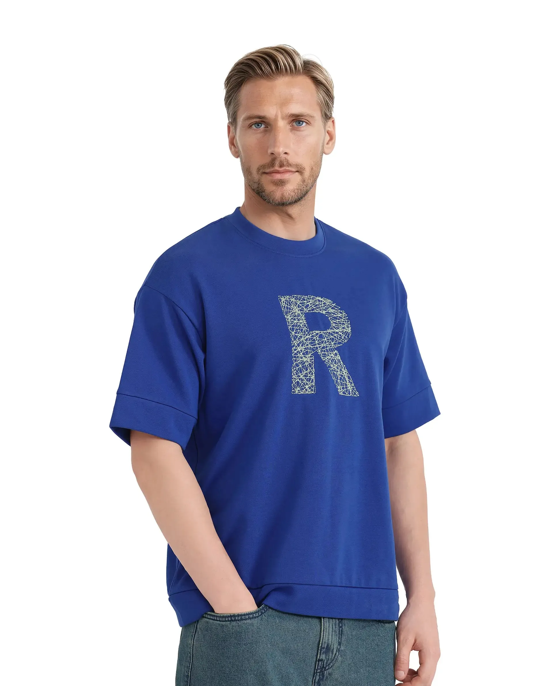 Rare Rabbit Men Vexi Blue Cotton Poly Fabric Short Sleeve Crew Neck Embroidered Logo T-Shirt