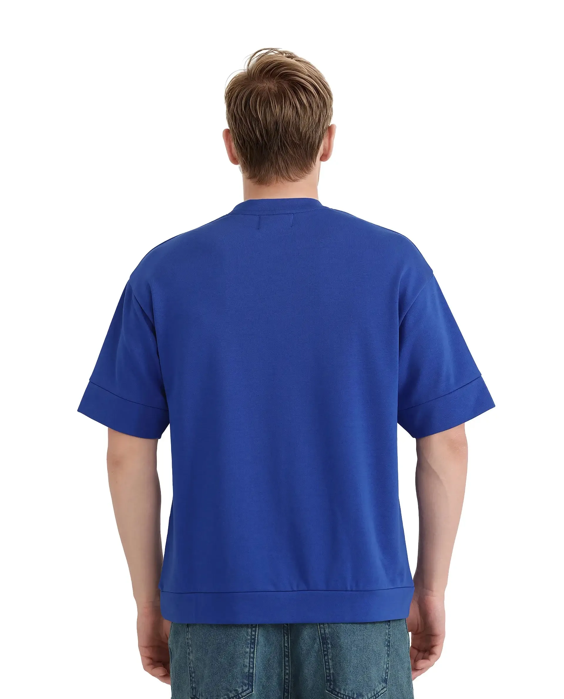 Rare Rabbit Men Vexi Blue Cotton Poly Fabric Short Sleeve Crew Neck Embroidered Logo T-Shirt