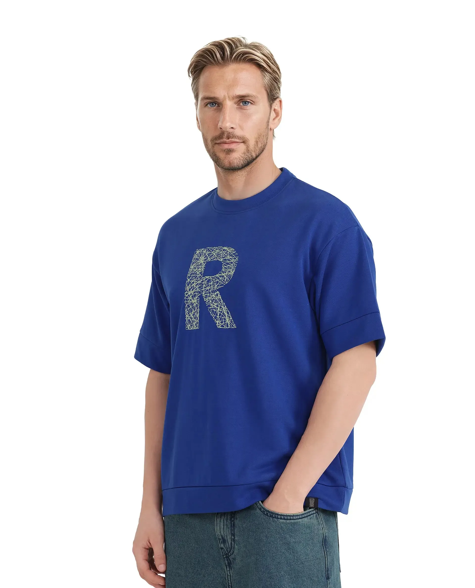 Rare Rabbit Men Vexi Blue Cotton Poly Fabric Short Sleeve Crew Neck Embroidered Logo T-Shirt
