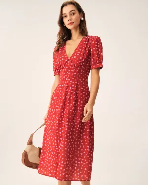 Red Polka Dot Ruched Midi Dress