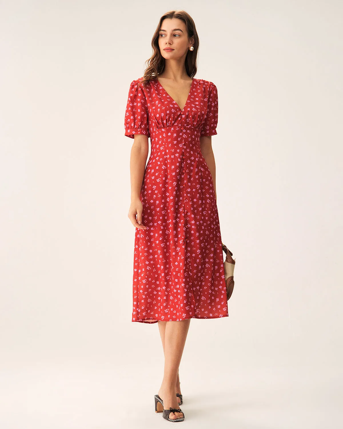 Red Polka Dot Ruched Midi Dress