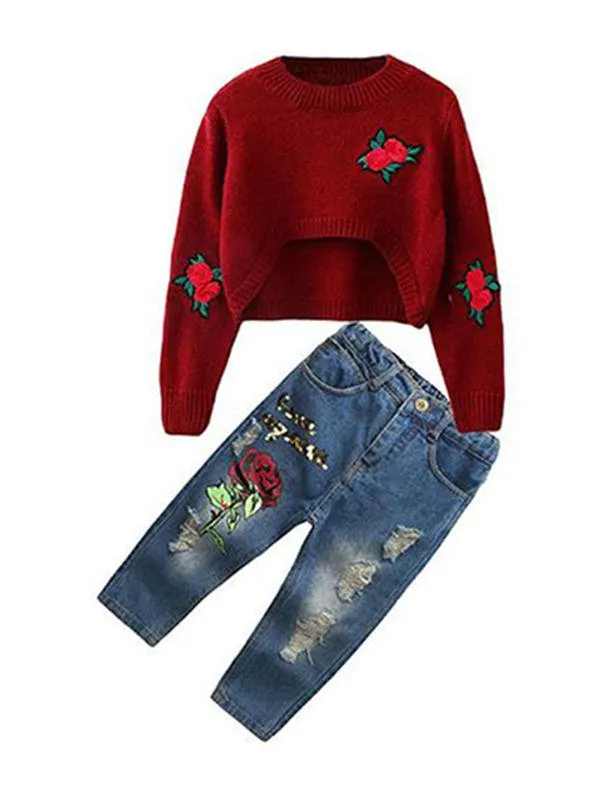 Red Roses Sweater Ripped-Style Jeans Set Long sleeve Top   Cool Trousers