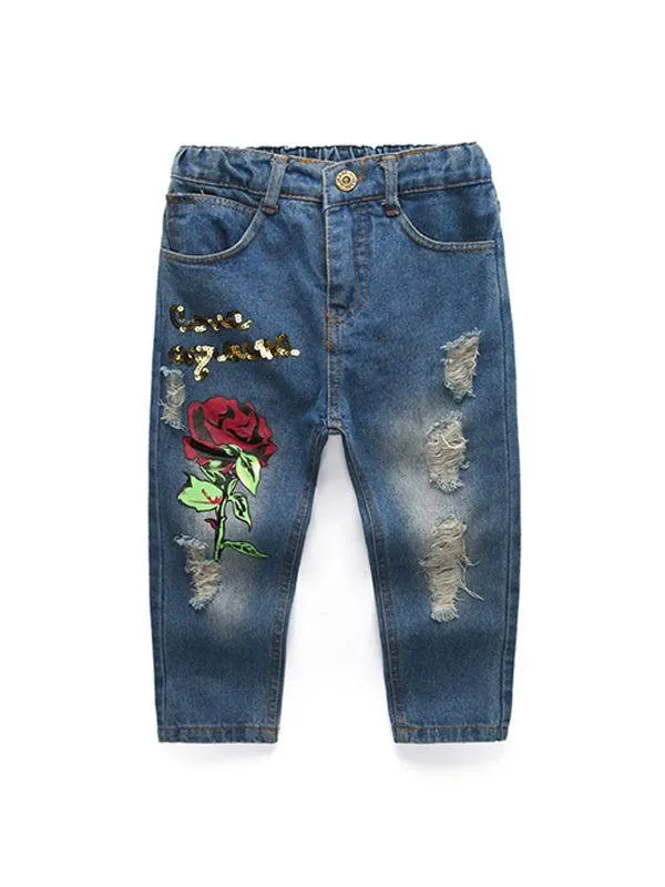 Red Roses Sweater Ripped-Style Jeans Set Long sleeve Top   Cool Trousers