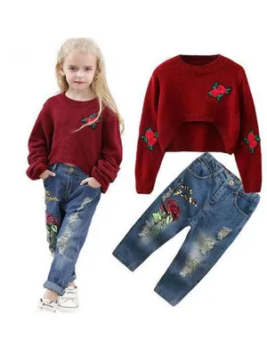 Red Roses Sweater Ripped-Style Jeans Set Long sleeve Top   Cool Trousers