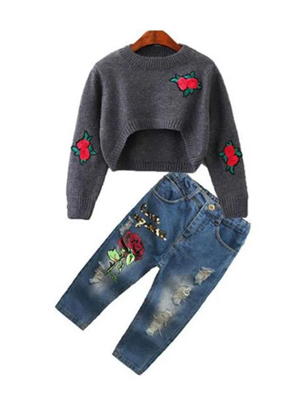 Red Roses Sweater Ripped-Style Jeans Set Long sleeve Top   Cool Trousers