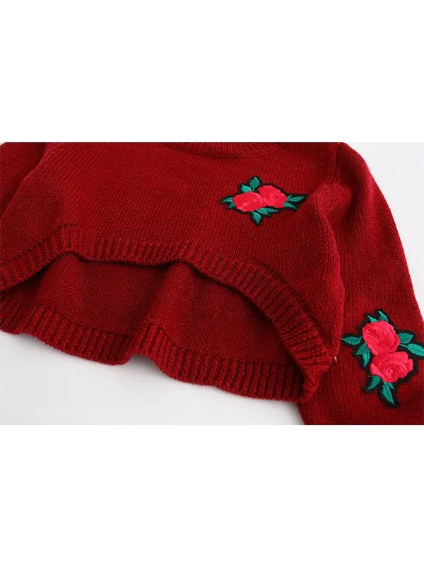 Red Roses Sweater Ripped-Style Jeans Set Long sleeve Top   Cool Trousers