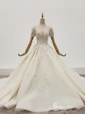 Selinadress Scoop Short Sleeve Luxury Wedding Dress Sparkle  illusion Wedding Gowns CB018