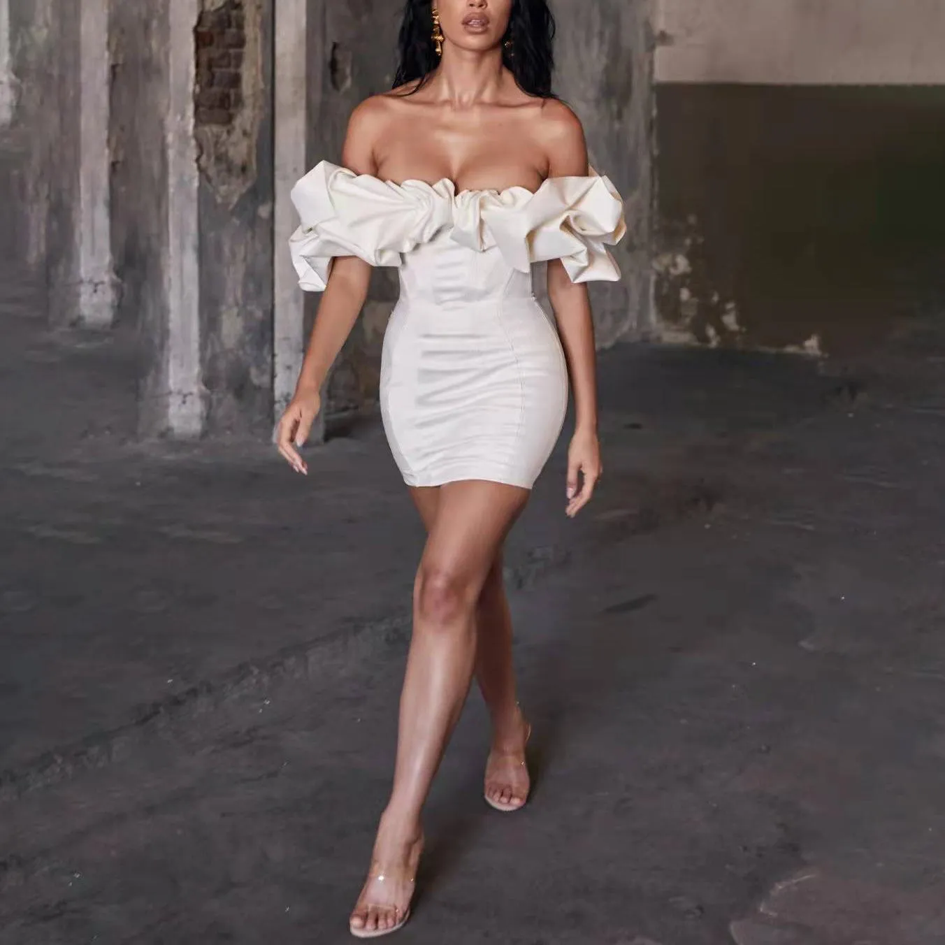 Sexy Dress Tight Waist Hip Dress Tube Top off Shoulder Boning Corset Ruffled Dress