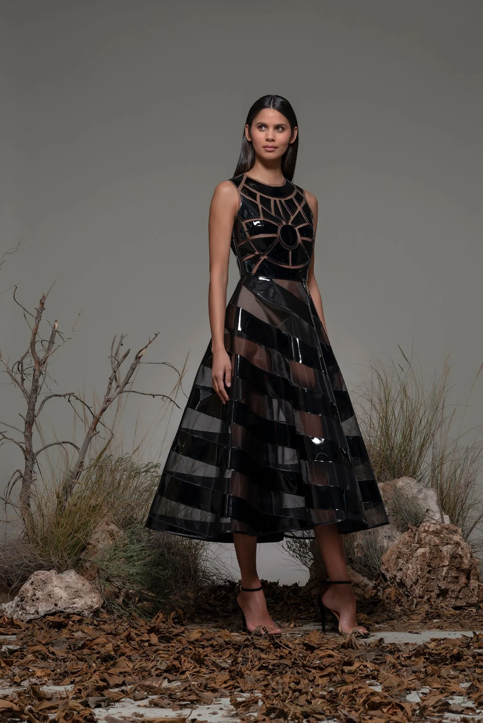 Sleeveless Geometric A-line Midi Dress