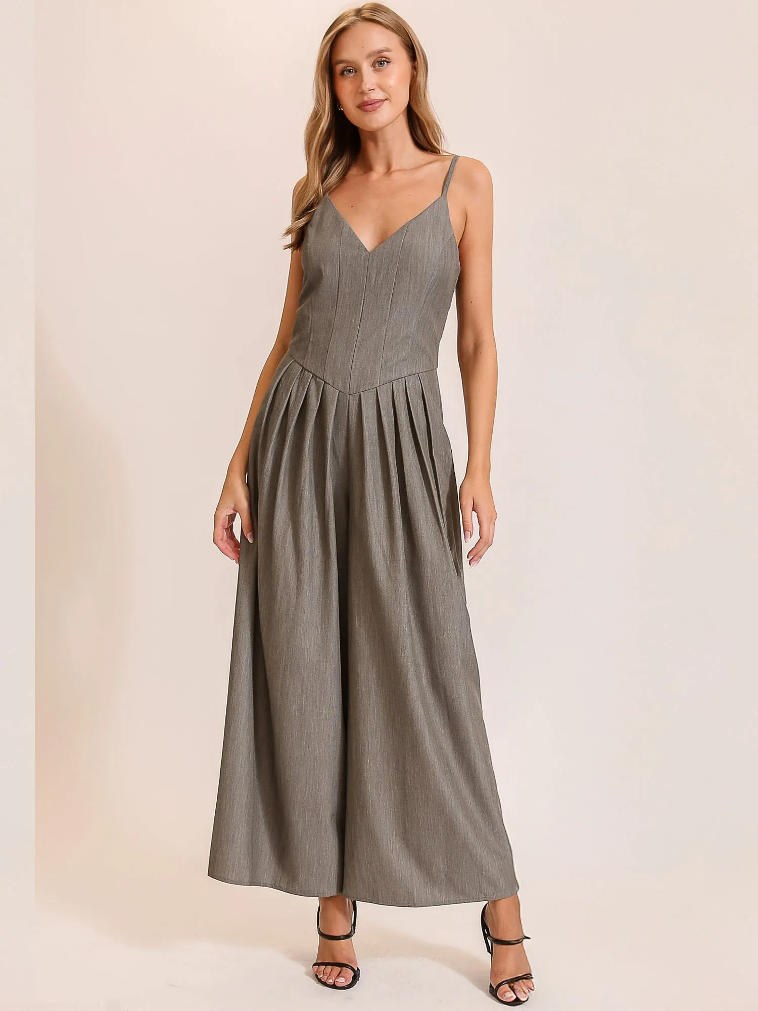 Sleeveless V-Waist Pleated Wide Leg Jumpsuit