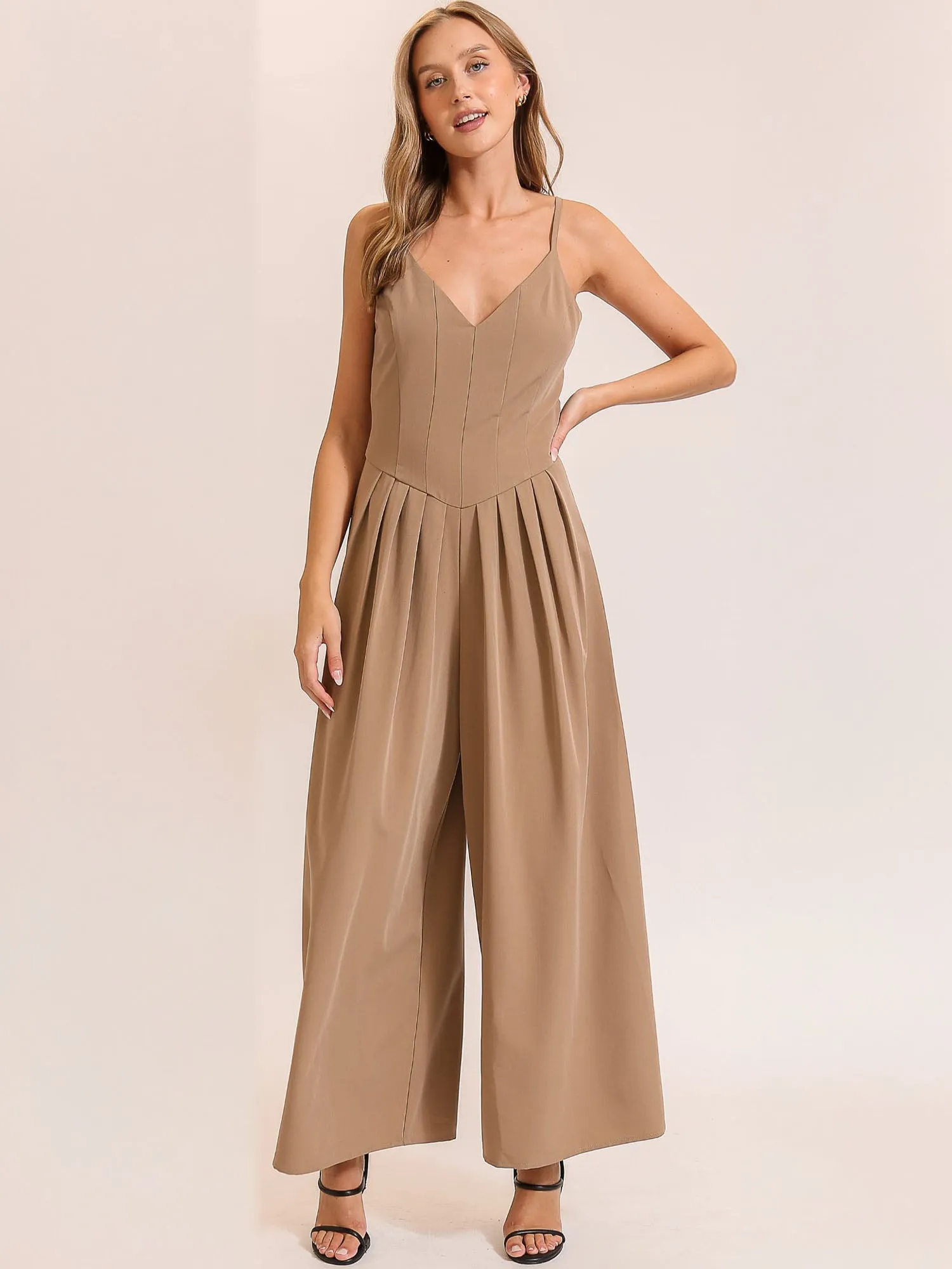 Sleeveless V-Waist Pleated Wide Leg Jumpsuit