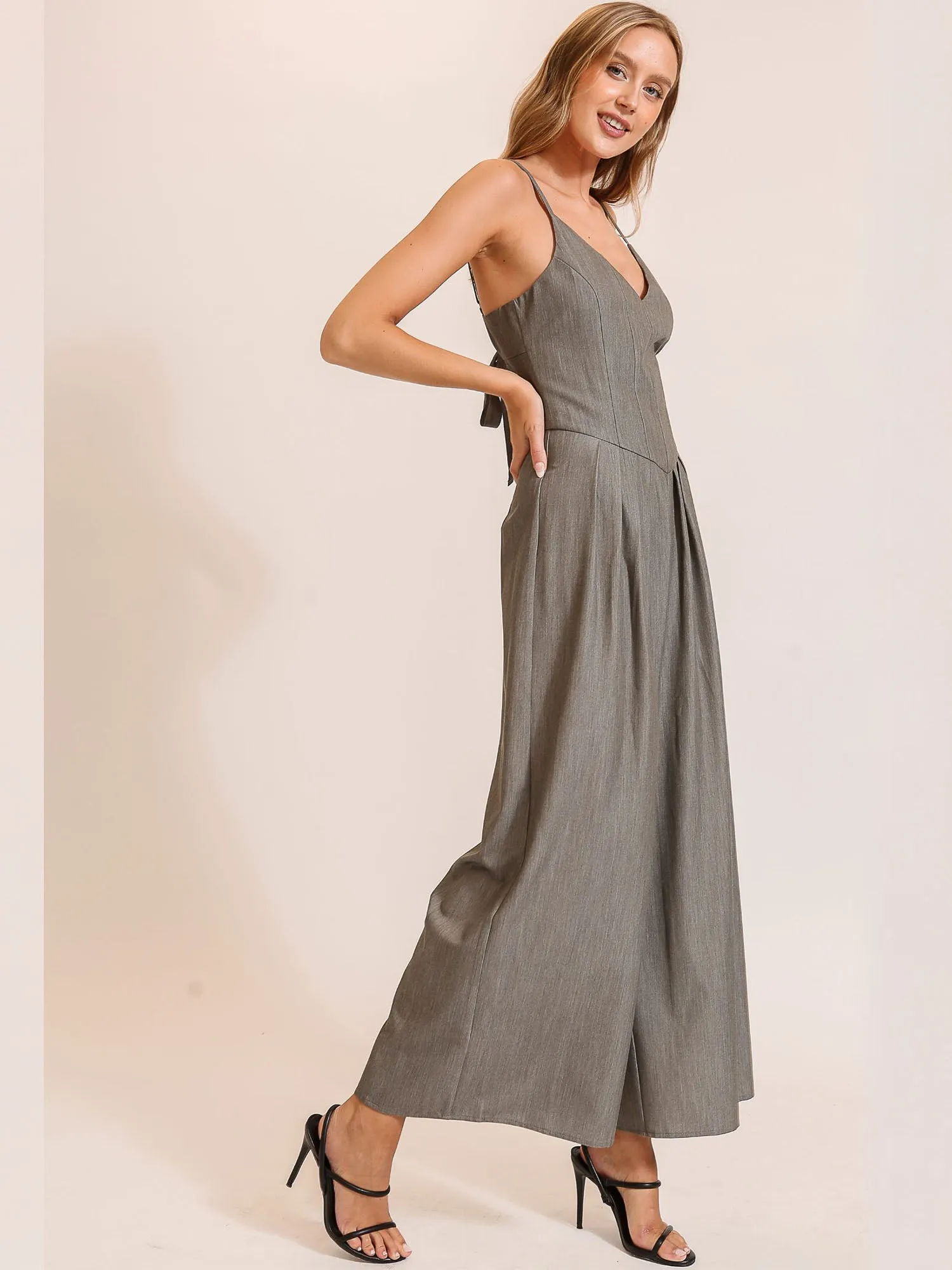 Sleeveless V-Waist Pleated Wide Leg Jumpsuit
