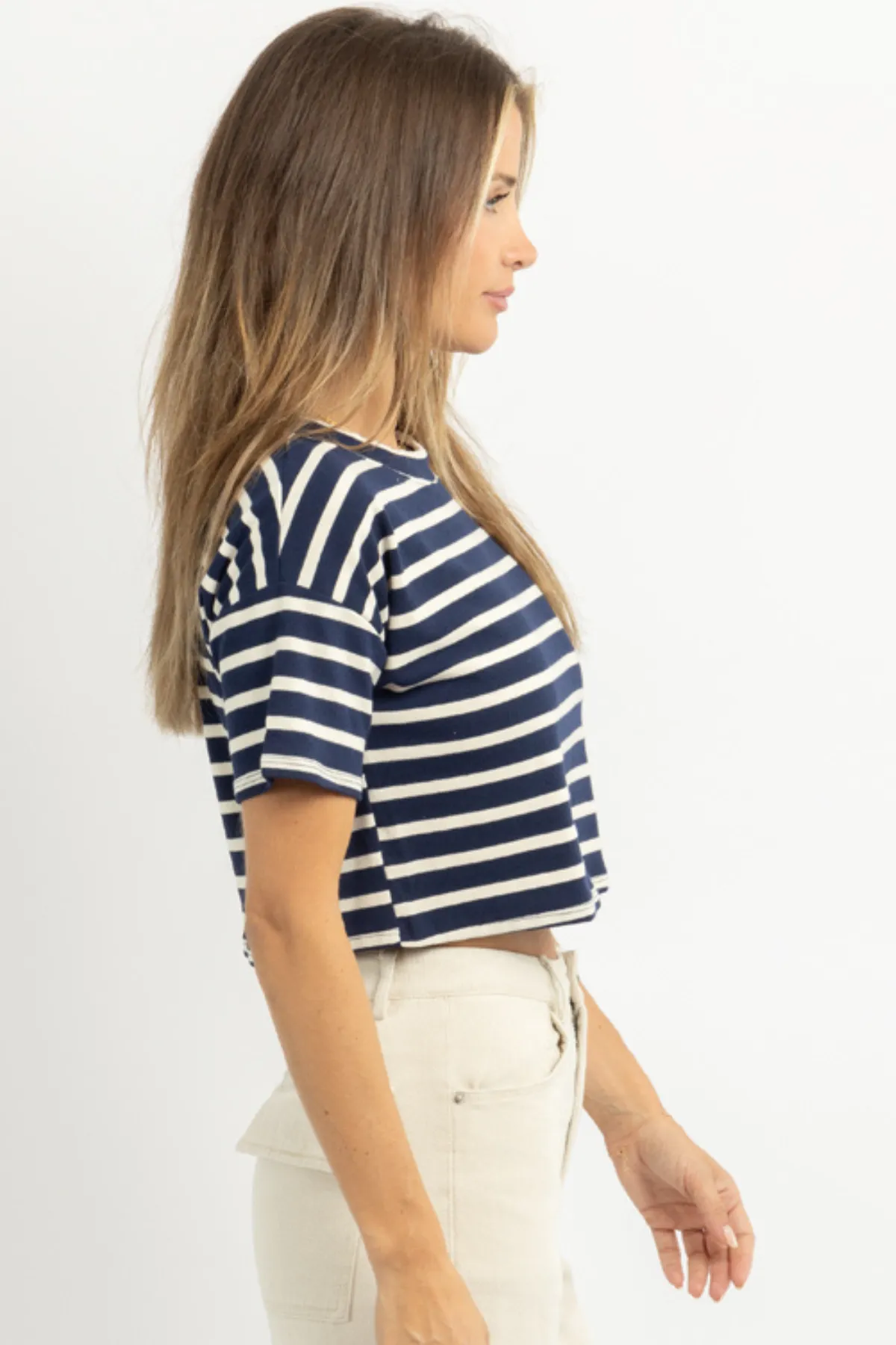 SPOTTED IN STRIPES NAVY TOP