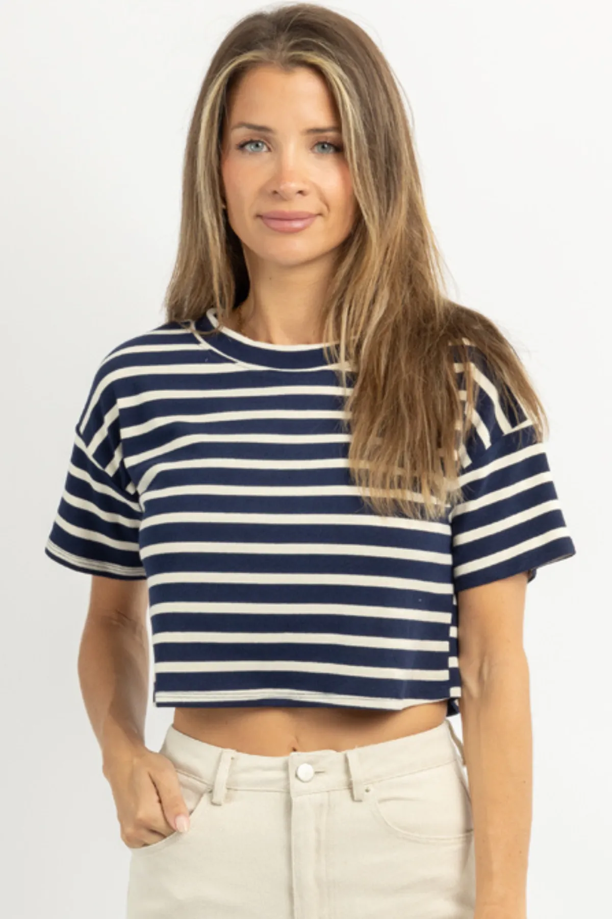 SPOTTED IN STRIPES NAVY TOP
