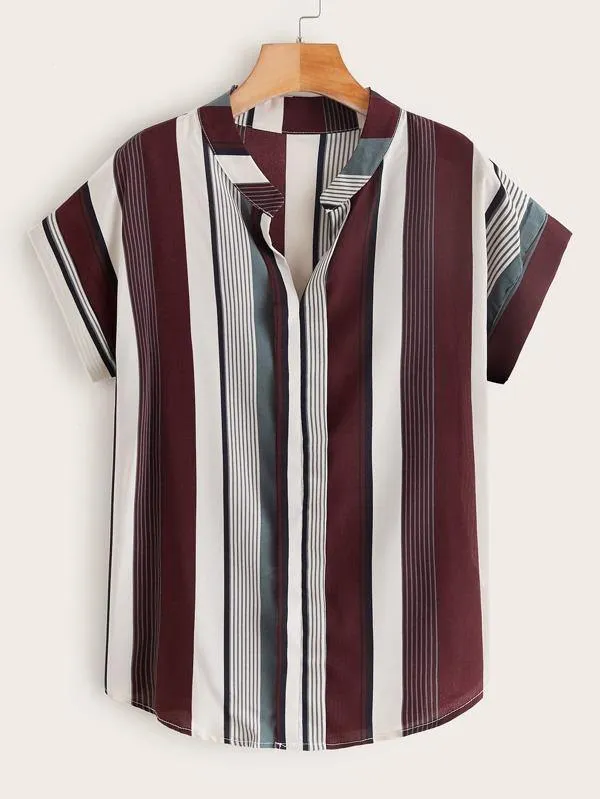 Striped Batwing Sleeve Curved Hem Blouse