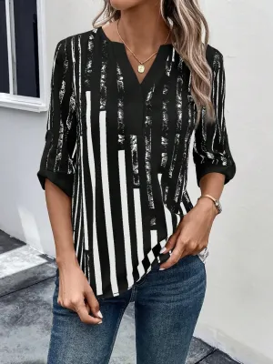 Striped Notched Half Sleeve Blouse
