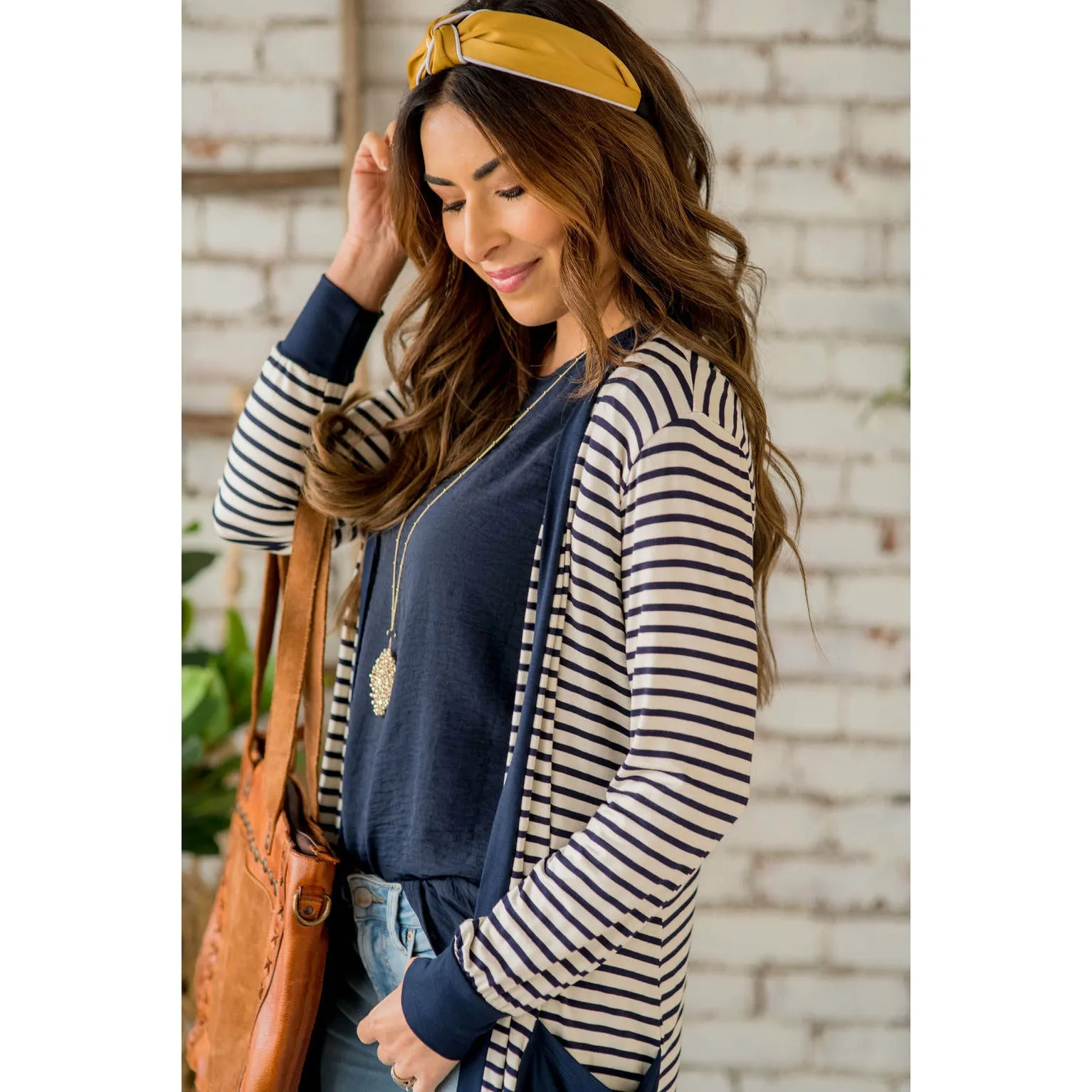 Thin Striped Solid Accent Tunic Cardigan