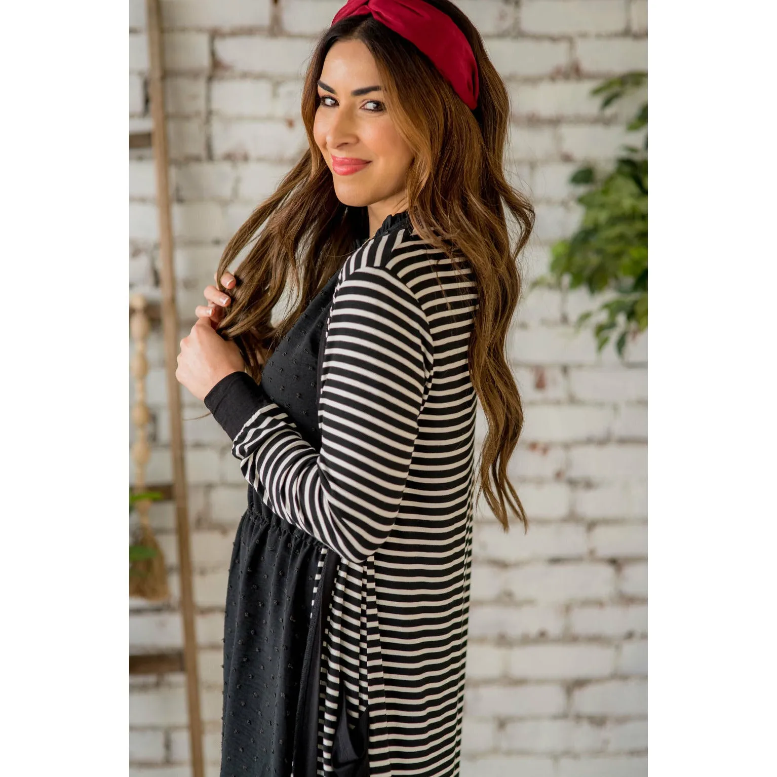 Thin Striped Solid Accent Tunic Cardigan