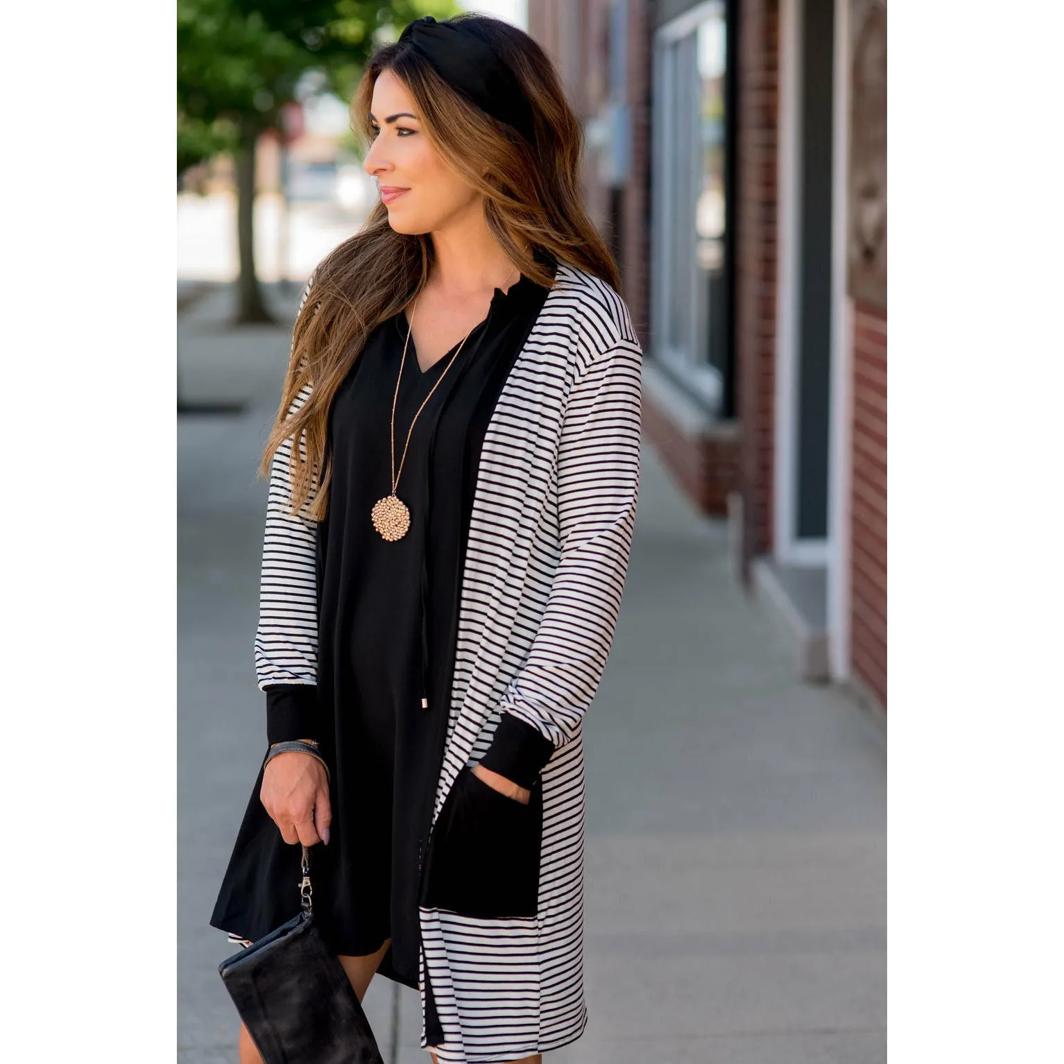 Thin Striped Solid Accent Tunic Cardigan