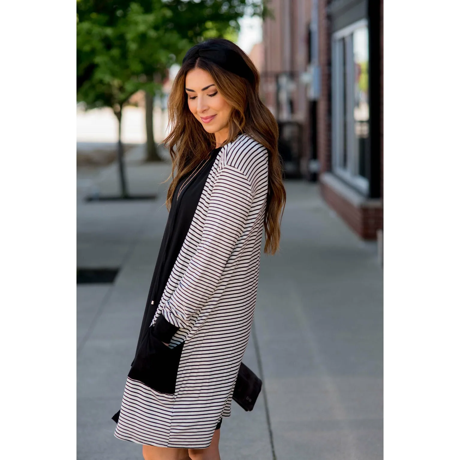 Thin Striped Solid Accent Tunic Cardigan