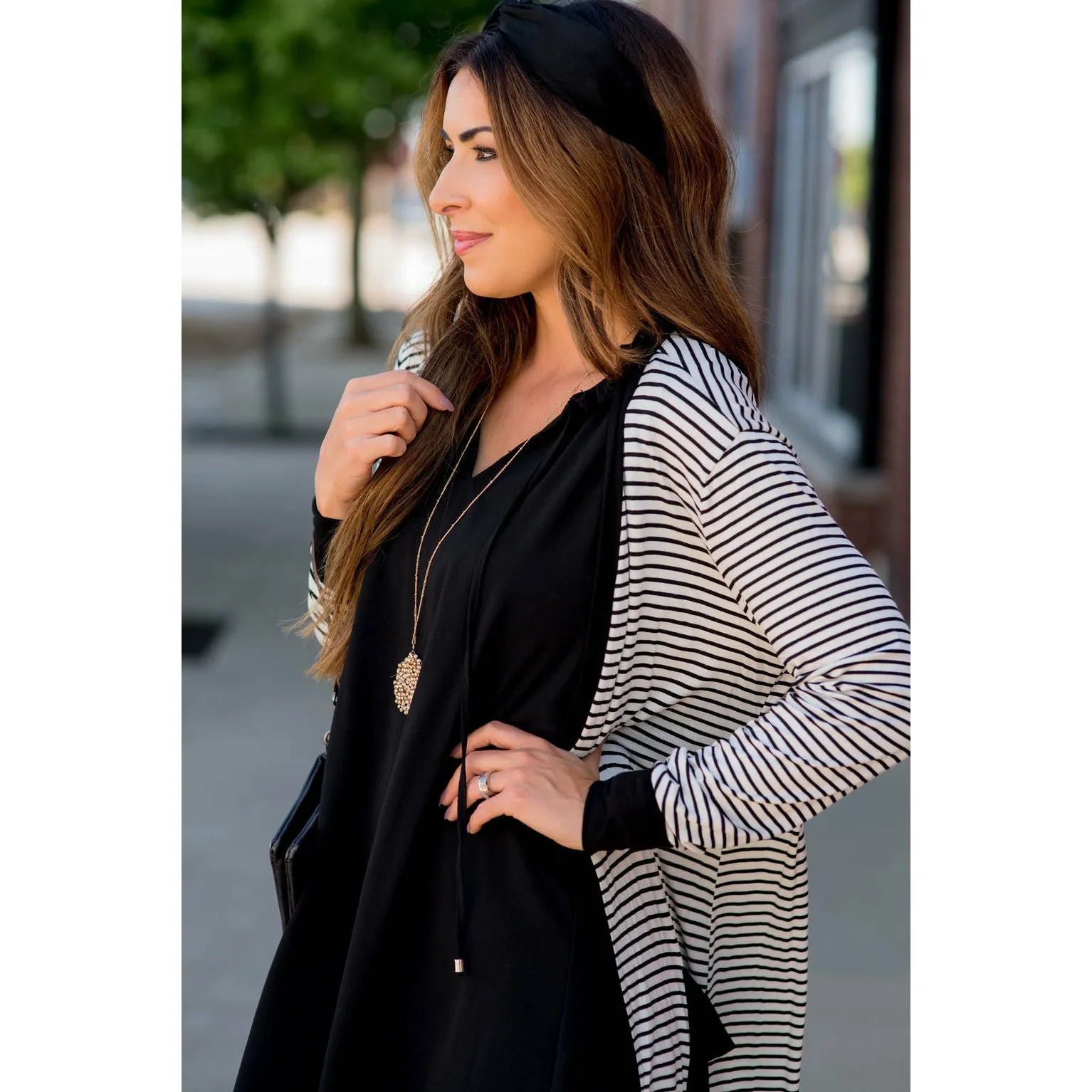 Thin Striped Solid Accent Tunic Cardigan