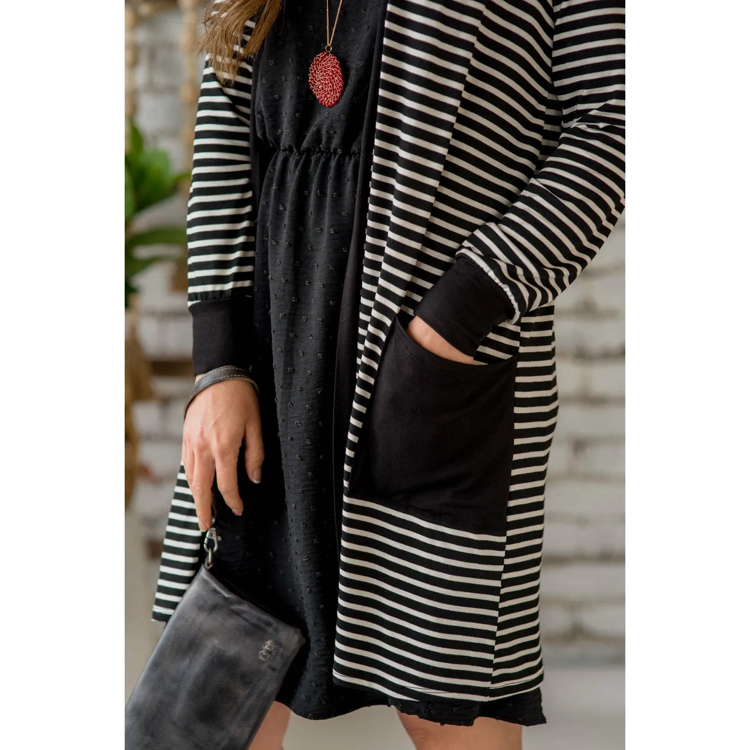 Thin Striped Solid Accent Tunic Cardigan