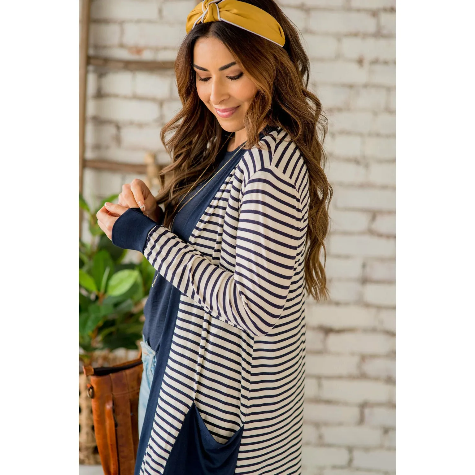 Thin Striped Solid Accent Tunic Cardigan