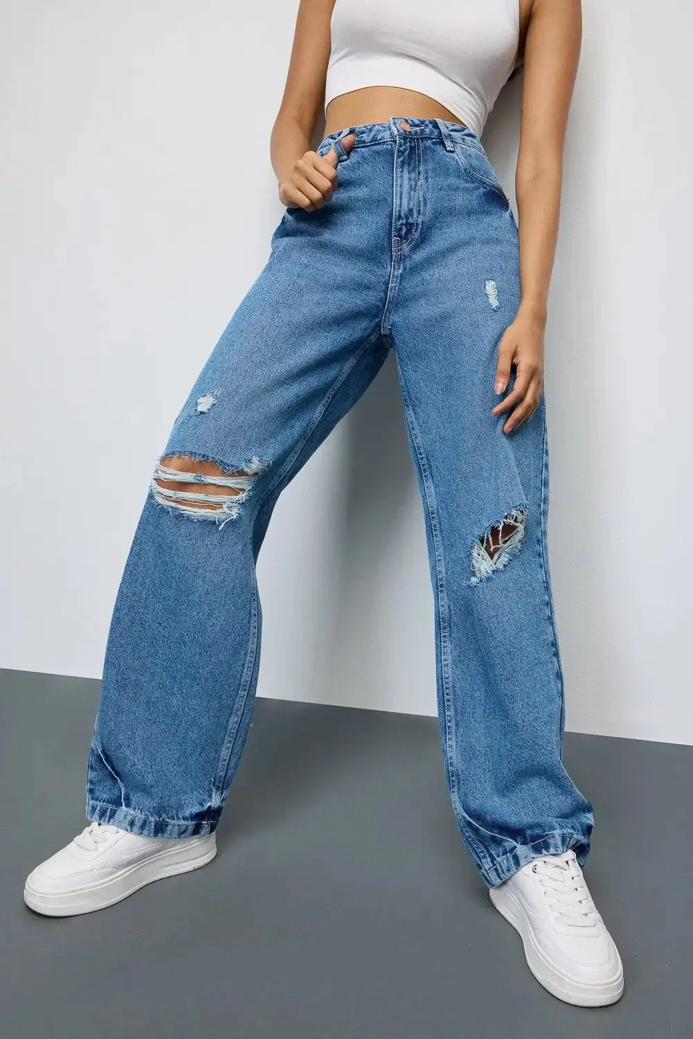 Tranquil Blue Distressed Curve Straight Fit Jeans