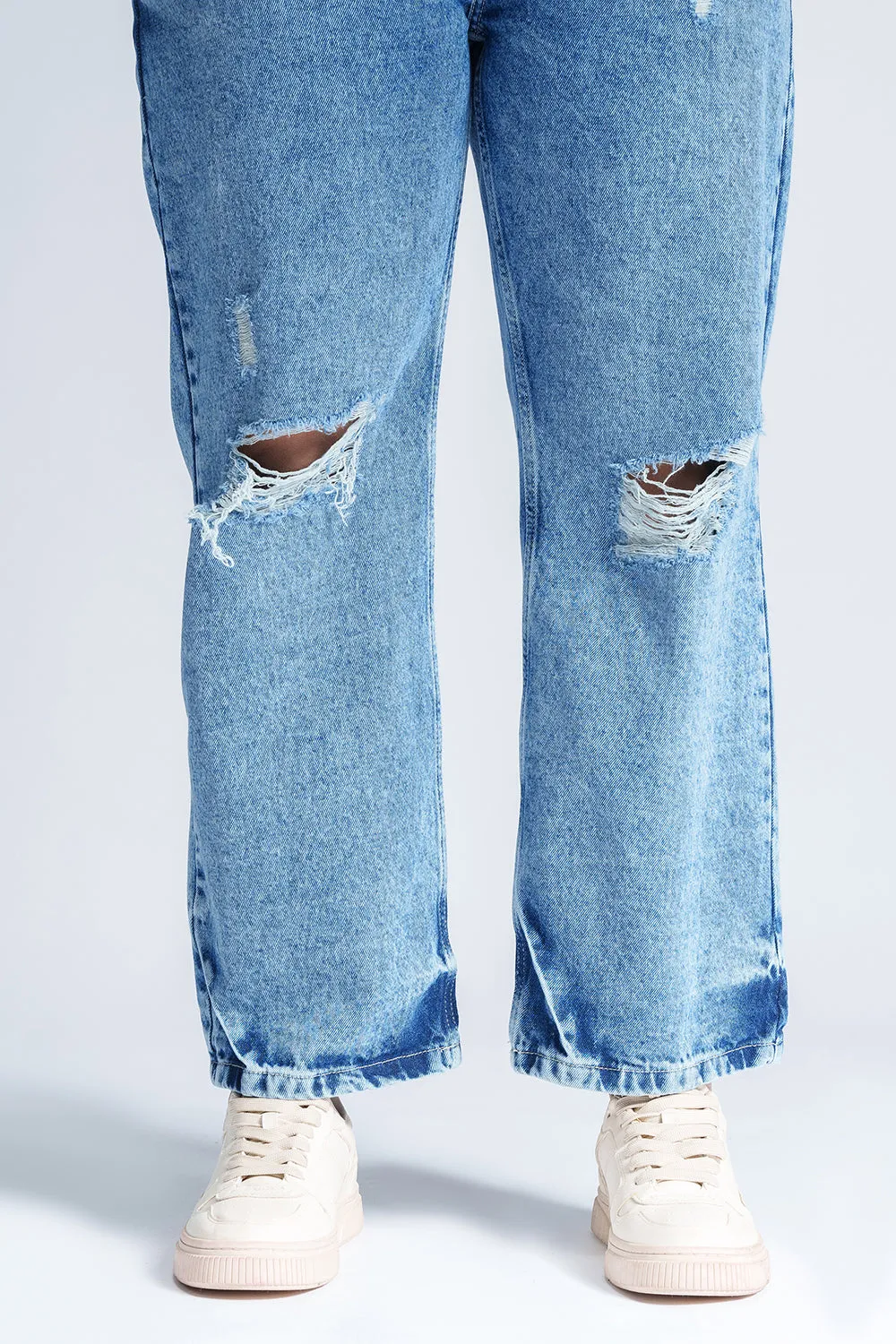 Tranquil Blue Distressed Curve Straight Fit Jeans