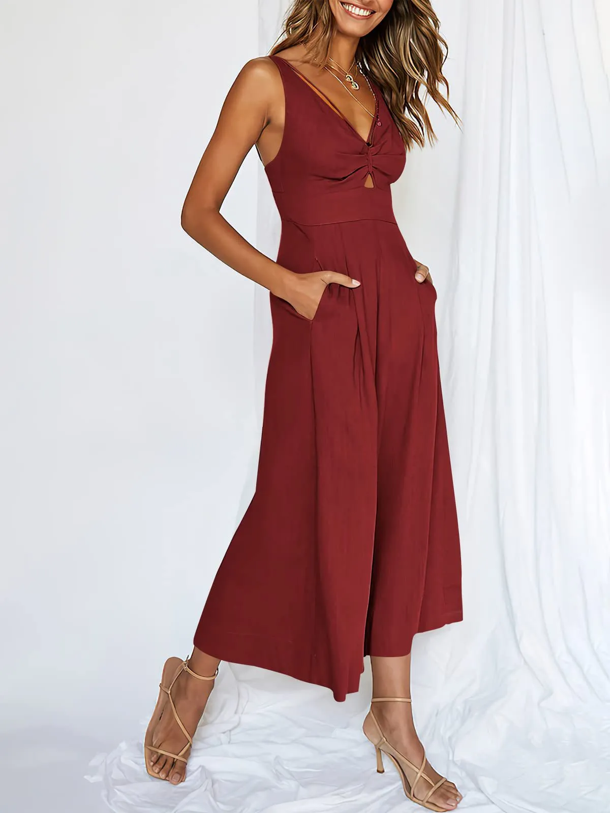 💃💐V Neck Cutout High-Waist Jumpsuits🌺