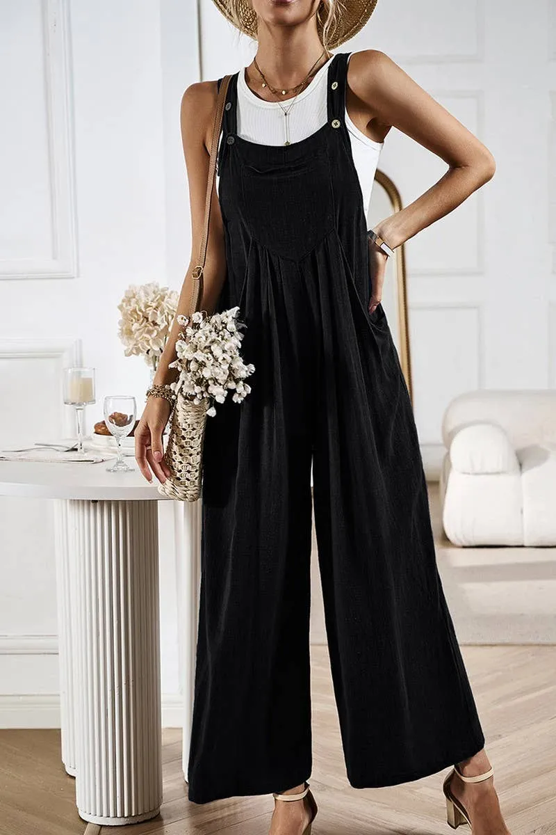 V-Neck Loose Wide Leg Jumpsuit-Black