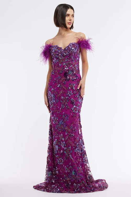 Vienna Prom 8867 Size 16 Purple Long Sheer Sequin Corset Prom Dress Feather Formal Gown Beaded Pageant