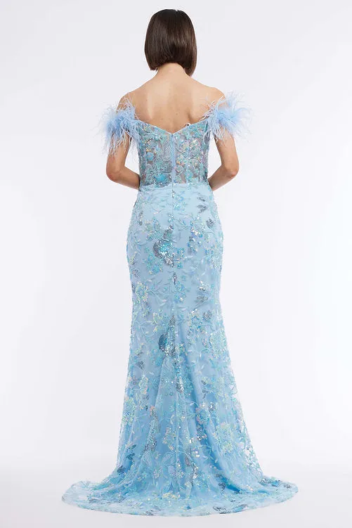 Vienna Prom 8867 Size 16 Purple Long Sheer Sequin Corset Prom Dress Feather Formal Gown Beaded Pageant