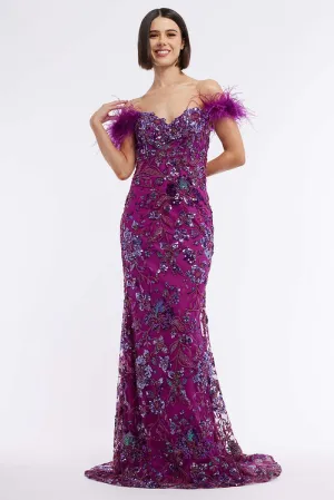 Vienna Prom 8867 Size 16 Purple Long Sheer Sequin Corset Prom Dress Feather Formal Gown Beaded Pageant