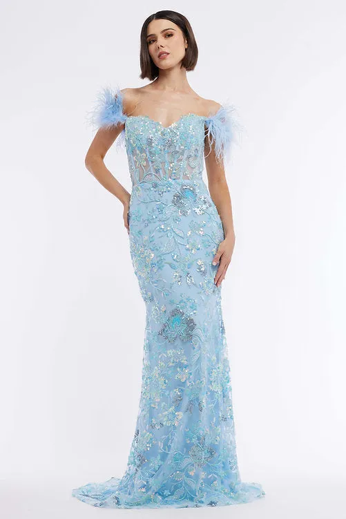 Vienna Prom 8867 Size 16 Purple Long Sheer Sequin Corset Prom Dress Feather Formal Gown Beaded Pageant