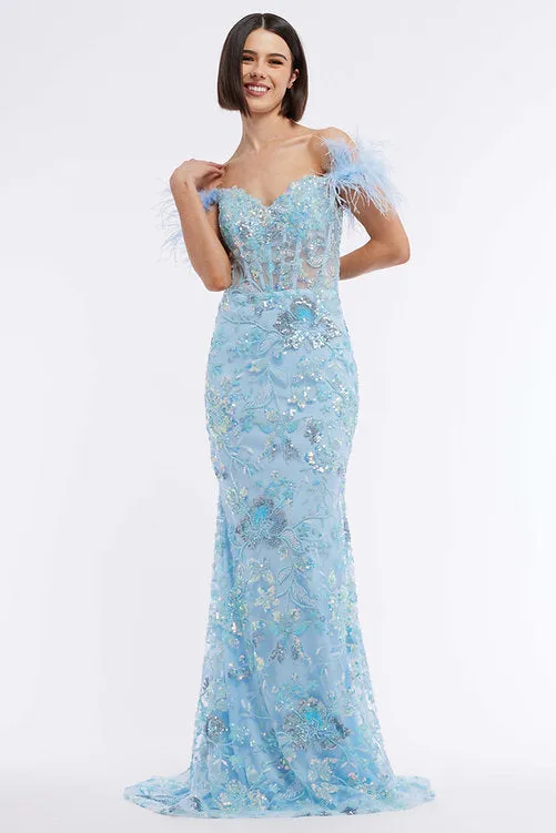 Vienna Prom 8867 Size 16 Purple Long Sheer Sequin Corset Prom Dress Feather Formal Gown Beaded Pageant