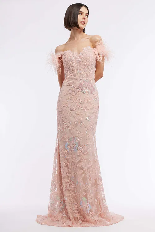 Vienna Prom 8867 Size 16 Purple Long Sheer Sequin Corset Prom Dress Feather Formal Gown Beaded Pageant