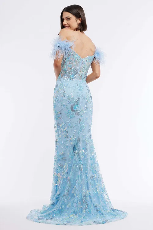 Vienna Prom 8867 Size 16 Purple Long Sheer Sequin Corset Prom Dress Feather Formal Gown Beaded Pageant