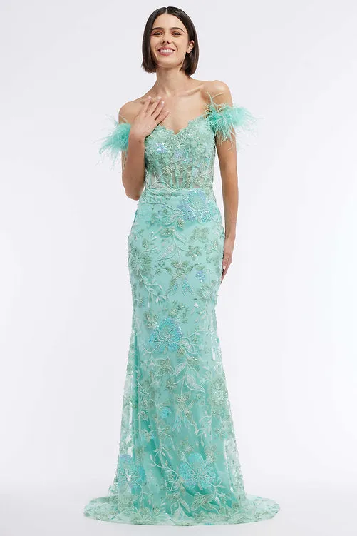 Vienna Prom 8867 Size 16 Purple Long Sheer Sequin Corset Prom Dress Feather Formal Gown Beaded Pageant