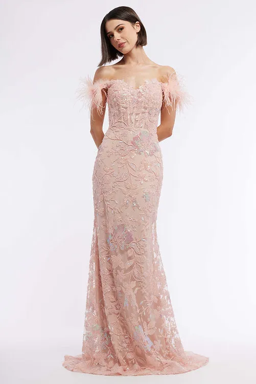 Vienna Prom 8867 Size 16 Purple Long Sheer Sequin Corset Prom Dress Feather Formal Gown Beaded Pageant