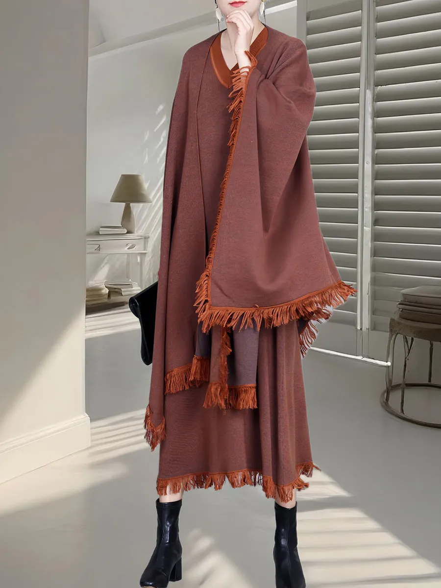 Women Fashion Colorblock Tassel Wool Knit Cardigan Shawl AH1074