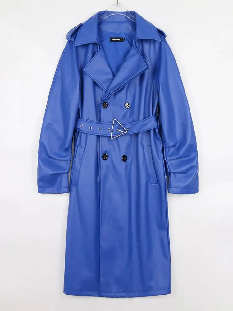 Women Faux Leather Solid Belted Long Trench Coat